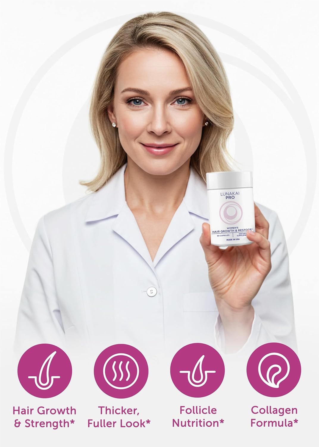 Lunakai PRO Women’s Hair Growth & Restore Vitamins – Advanced 15+ Nutrient Formula to Support Thicker, Stronger Hair, USA Made Hair Supplement (90 Capsules) IFELSHOP