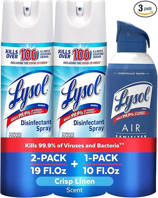 Lysol Bundle containing x2 Lysol Disinfectant Spray for Hard and Soft Surfaces, Crisp Linen, 19 Fl. Oz + Lysol Air Sanitizer Spray, For Air Sanitization and Odor Elimination, White Linen, 10 Fl. Oz Retailxpres