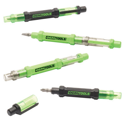 OEMTOOLS 6-Way Pen-Style Screw/Nut Driver, Phillips/Slotted Bits, Metric Sockets, 5.38" Long, Black/Green, Green/Clear, 4/Pack (GNS22537) Retailxpres