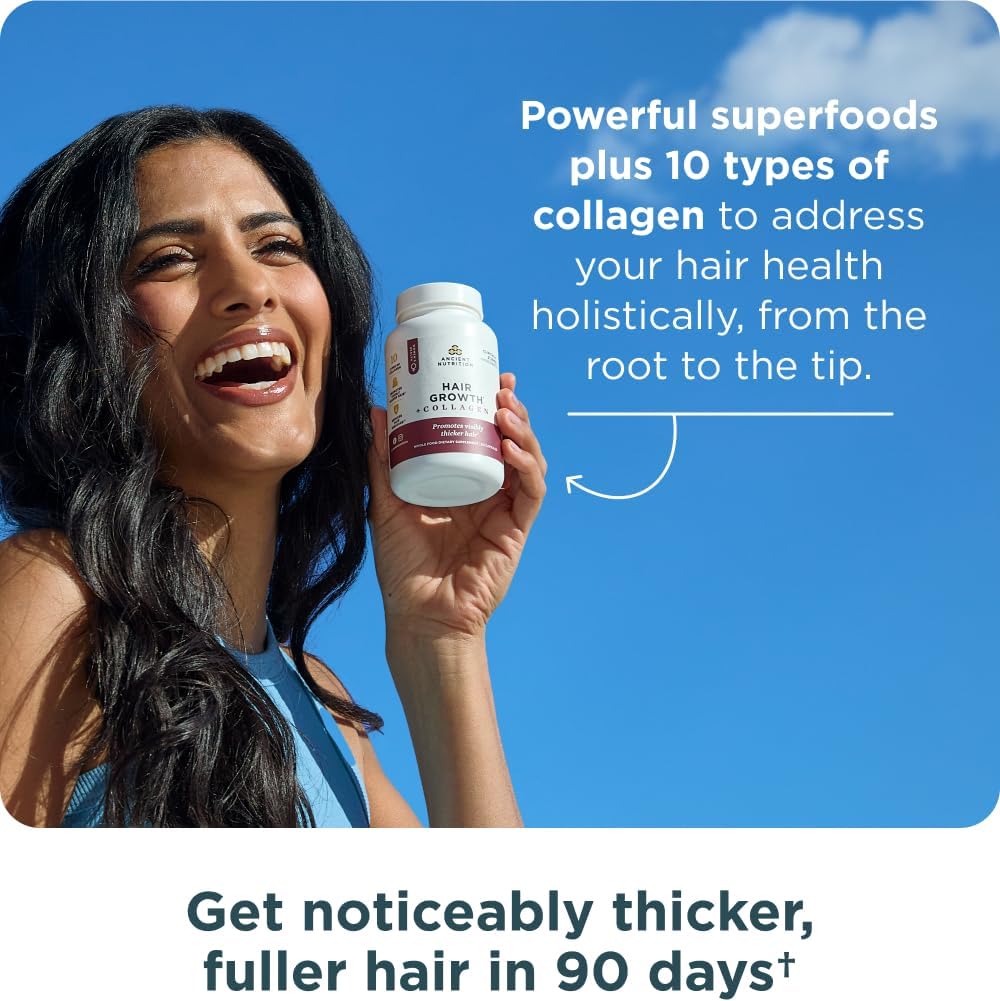 Ancient Nutrition Hair Growth Plus Collagen Supplement with Hydrolyzed Collagen Peptides and Clinically Studied Superfoods for Thicker Fuller Hair and Radiant Skin 60 Count Ifelshop
