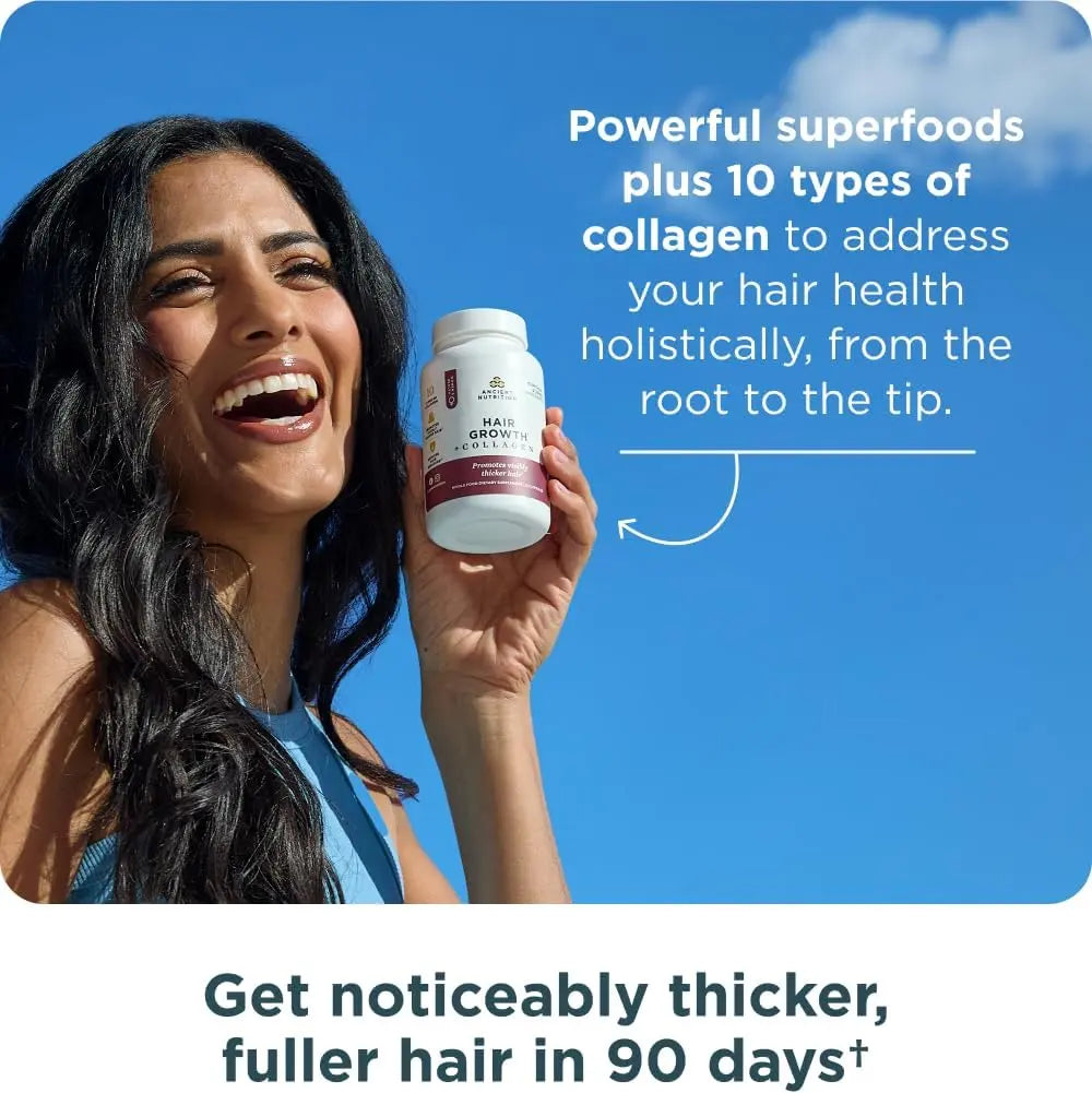 Ancient Nutrition Hair Growth Plus Collagen Supplement with Hydrolyzed Collagen Peptides and Clinically Studied Superfoods for Thicker Fuller Hair and Radiant Skin 60 Count Ifelshop