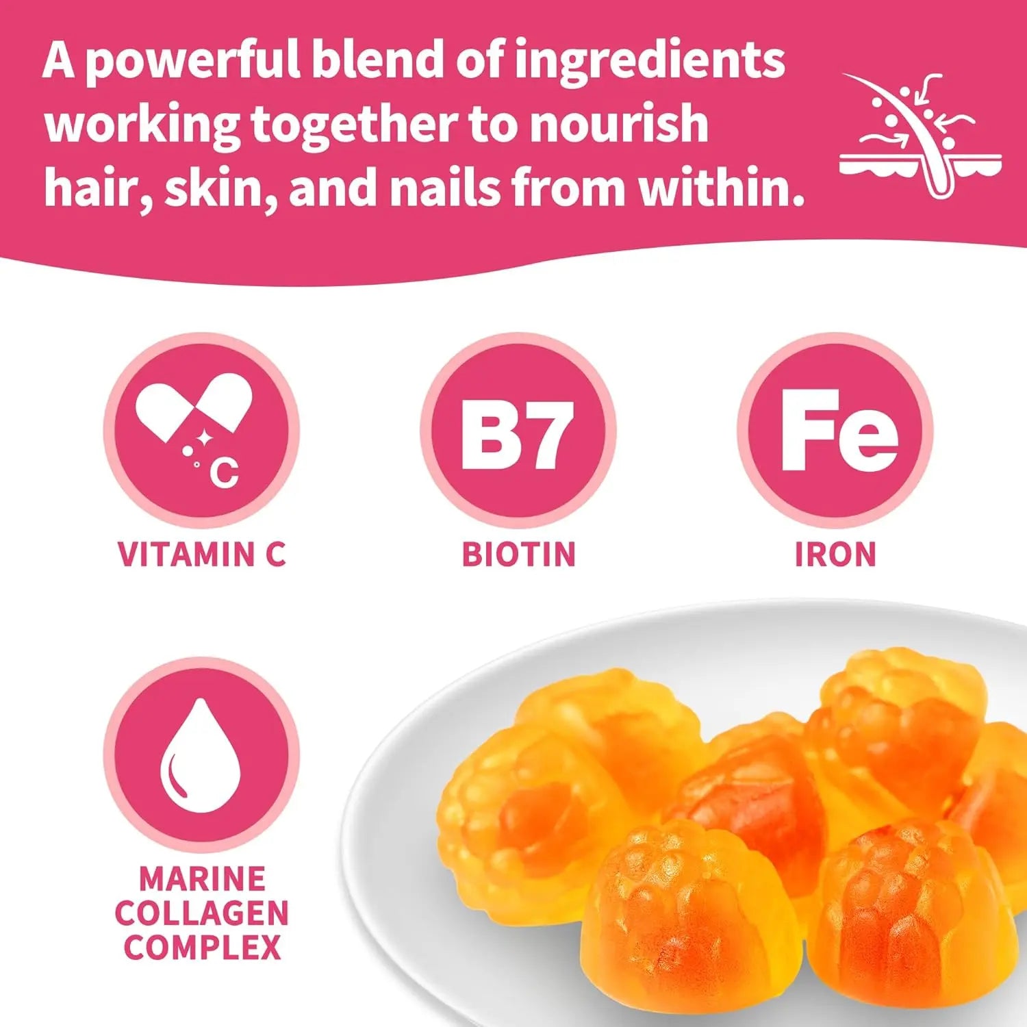 Women's Hair Growth Accelerator Supplement Gummies, Nourishes Thinning Hair & Boosts Hair Thickness, With Collagen, Biotin, Zinc, Vitamin C & Iron – Pineapple Flavor – 90 Gummies, 45 Day Supply Ifelshop