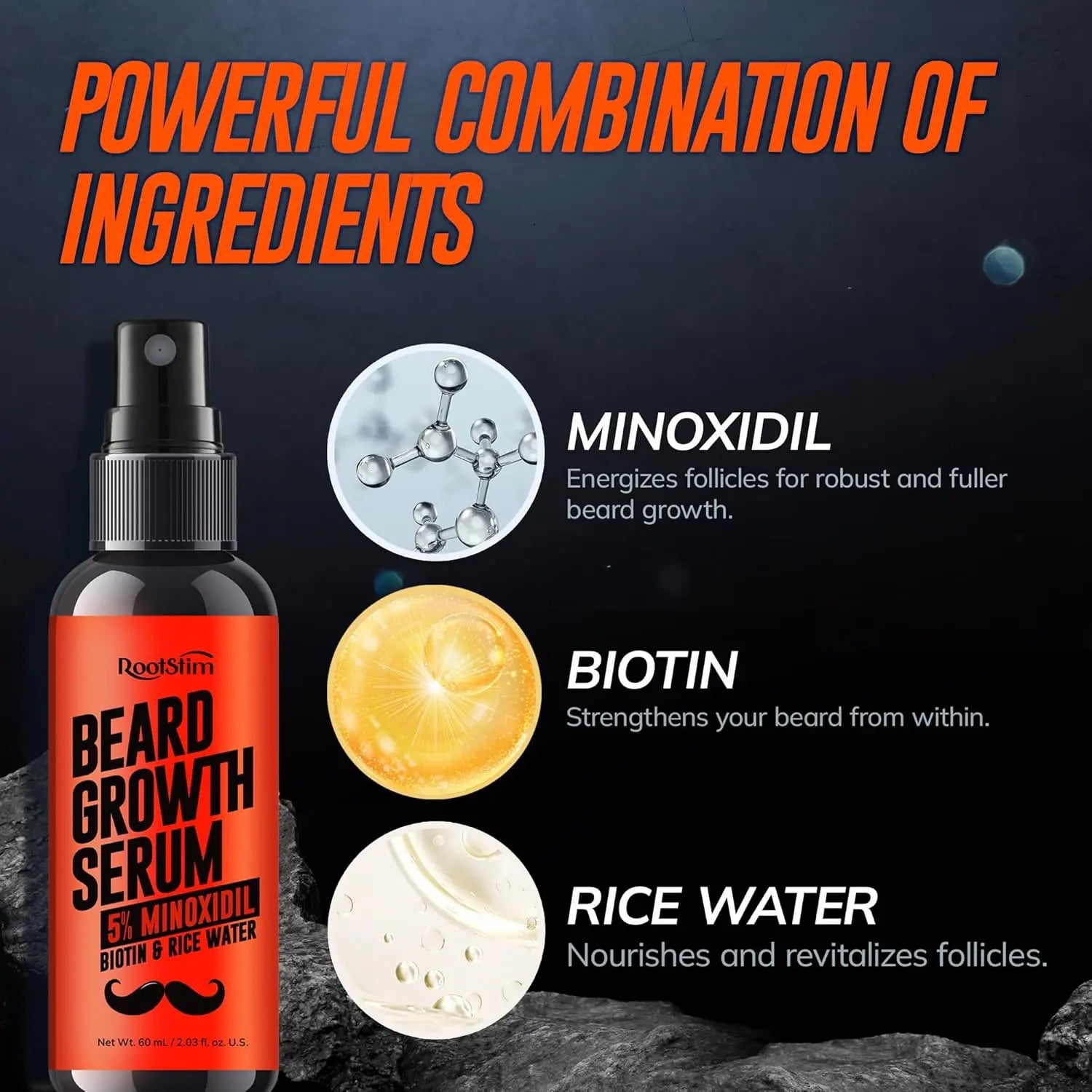 5% Minoxidil Beard Growth Serum for Men: Hair Regrowth Spray with Biotin & Rice Water - Extra Strength Beard Oil for Faster Thicker and Fuller Beard Growth - 60ML Ifelshop