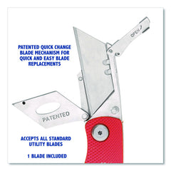 Sheffield folding knife with a sharp blade, featuring a patented quick-change blade mechanism and a red handle.