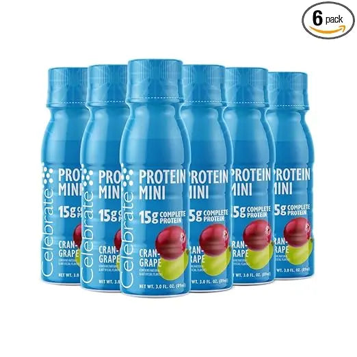 Celebrate Vitamins Mini Protein Drinks - Ready to Drink, 15g Complete Protein, BCAAs Amino Acids and Hydrolyzed Collagen - Zero Carbs, Gluten Free, Sugar Free, & Fat Free - CranGrape, 3 Fl Oz Each (6Pk) Retailxpres
