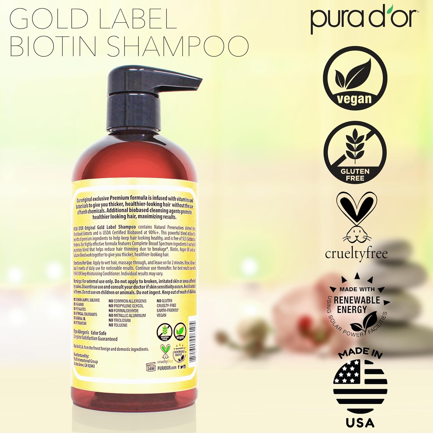 PURA D'OR Original Gold Label Anti-Thinning Shampoo – CLINICALLY TESTED Botanical Formula – Biotin & Argan Oil – Sulfate-Free Strengthening & Volumizing for Fuller-Looking Hair, Men & Women, 16 fl oz Ifelshop