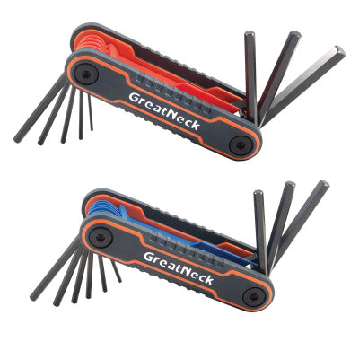 Great Neck Hex Key Fold-Up Tool Set, Two-Piece, Metric/SAE, Black-Oxide/Blue (SAE), Black-Oxide/Red (Metric) (GNS74205) Retailxpres