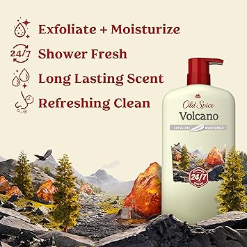Old Spice Cleansing Body Wash for Men, 24/7 Shower Fresh with Lasting Scent, Exfoliate & Moisture, Gentle on Skin, Vitamin B3, Volcano with Dark Cedar + Amber Scent, 30 oz Retailxpres