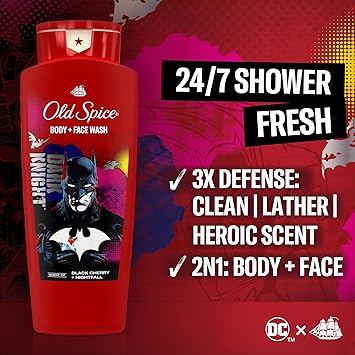 Old Spice Body Wash for Men, Batman: Dark Night, 3X Defense, 24/7 Shower Fresh with Lasting Scent, Cleansing 2-in-1 Body & Face Wash, Smell Like a Hero, Black Cherry and Nightfall Scent, 24 oz Retailxpres