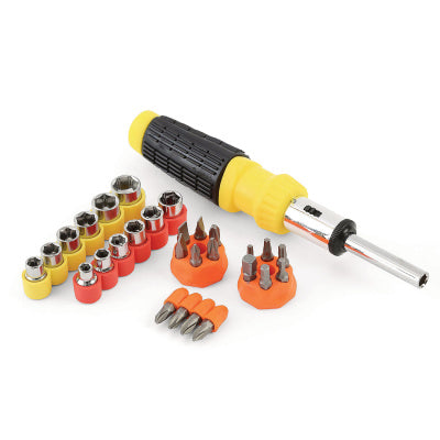 Great Neck Ratcheting Screw/Nut Driver Set, 34-Piece, Hex/Phillips/Slotted/Star Bits, Metric/SAE Sockets, 8" Long, Yellow/Black Handle (GNS92018) Retailxpres