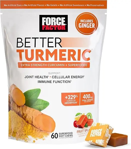 FORCE FACTOR Better Turmeric Supplement 400mg with Black Pepper & Ginger, Extra Strength Joint Support, Superior Absorption, Like Turmeric Gummies, Fruit Splash, 60 Turmeric Chews Retailxpres