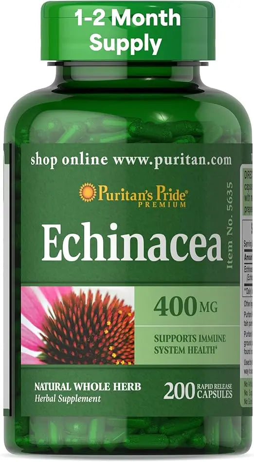 Puritan's Pride Premium Echinacea Natural Whole Herb Herbal Supplement 400mg, Dietary Supplement for Health, Immune System Support, 200 Rapid Release Capsules Retailxpres