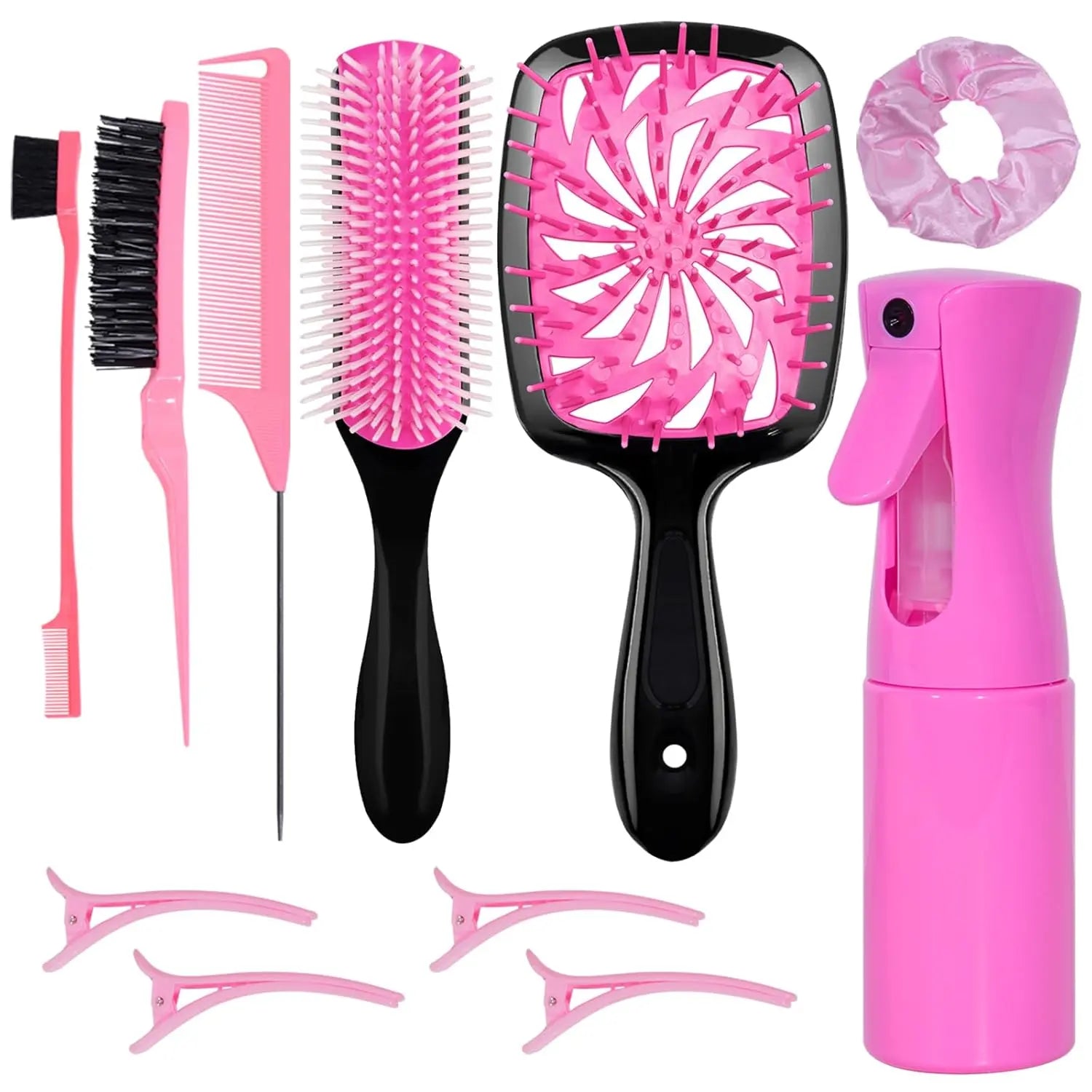 11 Pcs Hair Brush Set with Detangling Hair Brush and Spray Bottle – Smooth Hairbrush Set for Toddlers, Adults and Children, Wet and Dry Hair, Pink IFELSHOP