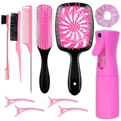 11 Pcs Hair Brush Set with Detangling Hair Brush and Spray Bottle – Smooth Hairbrush Set for Toddlers, Adults and Children, Wet and Dry Hair, Pink IFELSHOP
