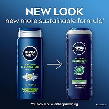 Nivea Men Maximum Hydration Body Wash for Dry Skin, Aloe Vera Enriched, 3-in-1 Moisturizing Body Wash, Face and Hair, Paraben Free, Vegan Formula, 16.9 Fl Oz Bottle, Pack of 3