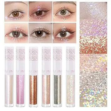 6Pcs Liquid Glitter Eyeshadow Eyeliner, Korean Makeup, Bling Under Eye Shadow, Shimmer Eye Make Up Valentine's Gift Set,Long Lasting,Quick Drying & Pigmented Loose Glitter Glue for Crystals Makeup Retailxpres