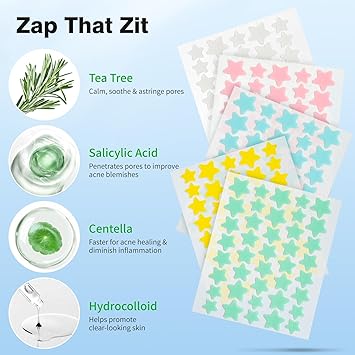Pimple Patches for Face, Hydrocolloid Acne Patches, Cute Star Zit Covers, Colorful Spot Stickers with Tea Tree, Salicylic Acid & Cica Oil| 3 Sizes (10mm, 12mm & 14mm) |200 Count