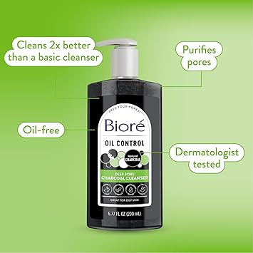Biore Deep Pore Charcoal Face Wash, Daily Facial Cleanser for Dirt & Makeup Removal, for Oily Skin, 6.77 Oz
