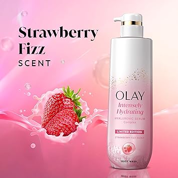 Olay Body Wash for Women, Intensely Hydrating, Pro-Hyaluronic Acid Serum Complex, Renews Moisture, Vitamin B3 Lameller Technology, For All Skin Types, Strawberry Summer Fizz Scent, 20 fl oz