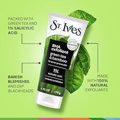 St. Ives Blackhead Clearing Face Scrub, Clears Blackheads & Unclogs Pores, Green Tea & Bamboo, Salicylic Acid Acne Treatment Facial Scrub, Moderate Exfoliator Skin Care with Natural Exfoliants 6 oz