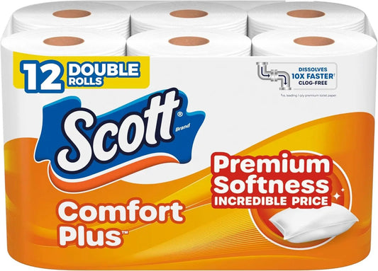 Scott ComfortPlus Toilet Paper, 12 Double Rolls, 231 Sheets per Roll, Septic-Safe, 1-Ply Toilet Tissue Retailxpres