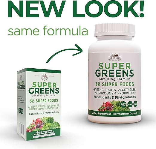 COUNTRY FARMS Super Greens Vegicaps, 32 Super Foods, Whole Food Supplement, Greens, Fruit, Vegetables, Mushrooms & Probiotics, Rich in Antioxidants & Phytonutrients, 60 Count, 30 Servings