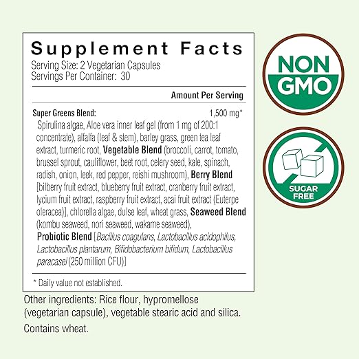 COUNTRY FARMS Super Greens Vegicaps, 32 Super Foods, Whole Food Supplement, Greens, Fruit, Vegetables, Mushrooms & Probiotics, Rich in Antioxidants & Phytonutrients, 60 Count, 30 Servings