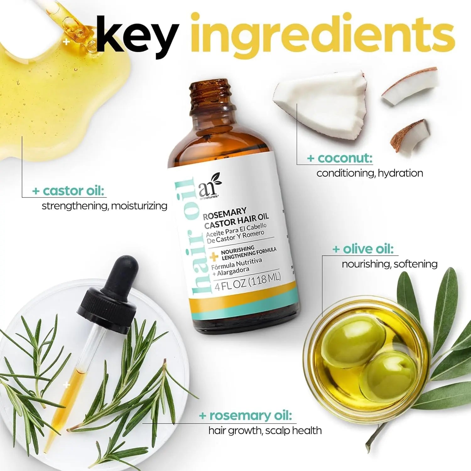 Artnaturals Organic Rosemary Castor Hair Oil + Massager Hair Growth Set Hair Growth Oil 4 ounces with Coconut & Olive Oil for Dry, Damaged & Split End IFELSHOP
