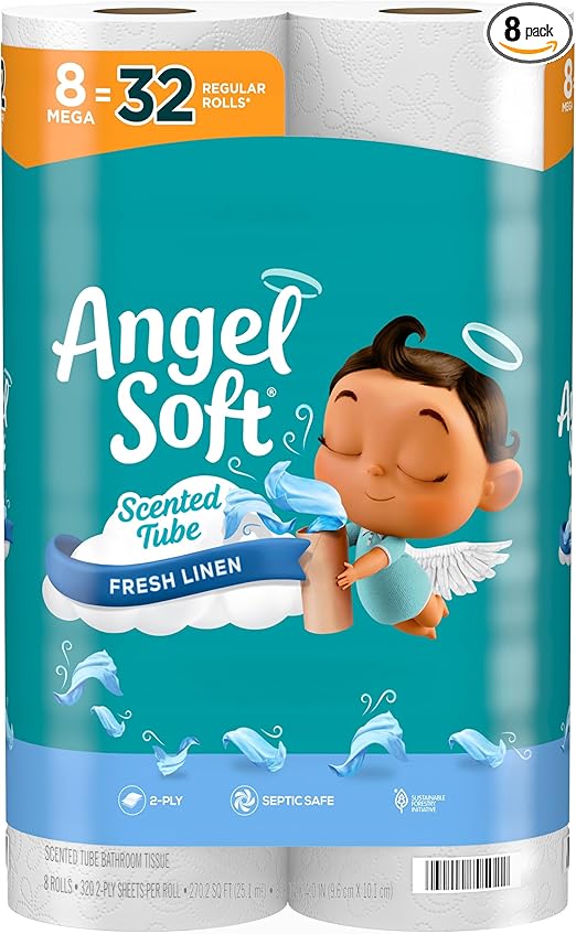 Angel Soft Toilet Paper with Fresh Linen Scented Tube, 8 Mega Rolls = 32 Regular Rolls, Soft and Strong Toilet Tissue
