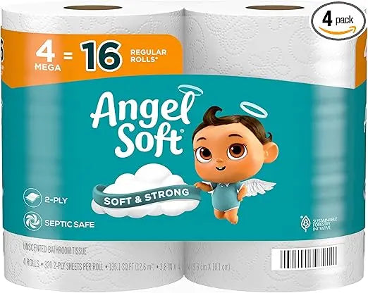 Angel Soft Toilet Paper, 4 Mega Rolls = 16 Regular Rolls, Soft and Strong Toilet Tissue Retailxpres