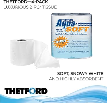 Thetford Aqua-Soft Toilet Tissue - Toilet Paper for RV and marine - 2-ply - Thetford 03300 (Pack of 4 rolls) , White