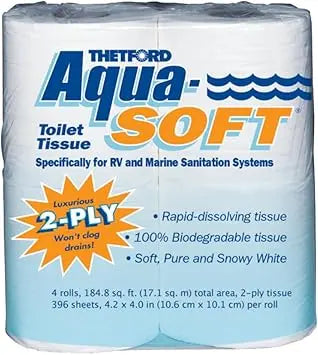 Thetford Aqua-Soft Toilet Tissue - Toilet Paper for RV and marine - 2-ply - Thetford 03300 (Pack of 4 rolls) , White Retailxpres