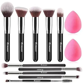 BEAKEY Makeup Brushes Set, Professional Foundation Eyeshadow Concealer Blush Powder Bronzer Applicator, 2 Blender Sponge with Beauty Paper Case Retailxpres