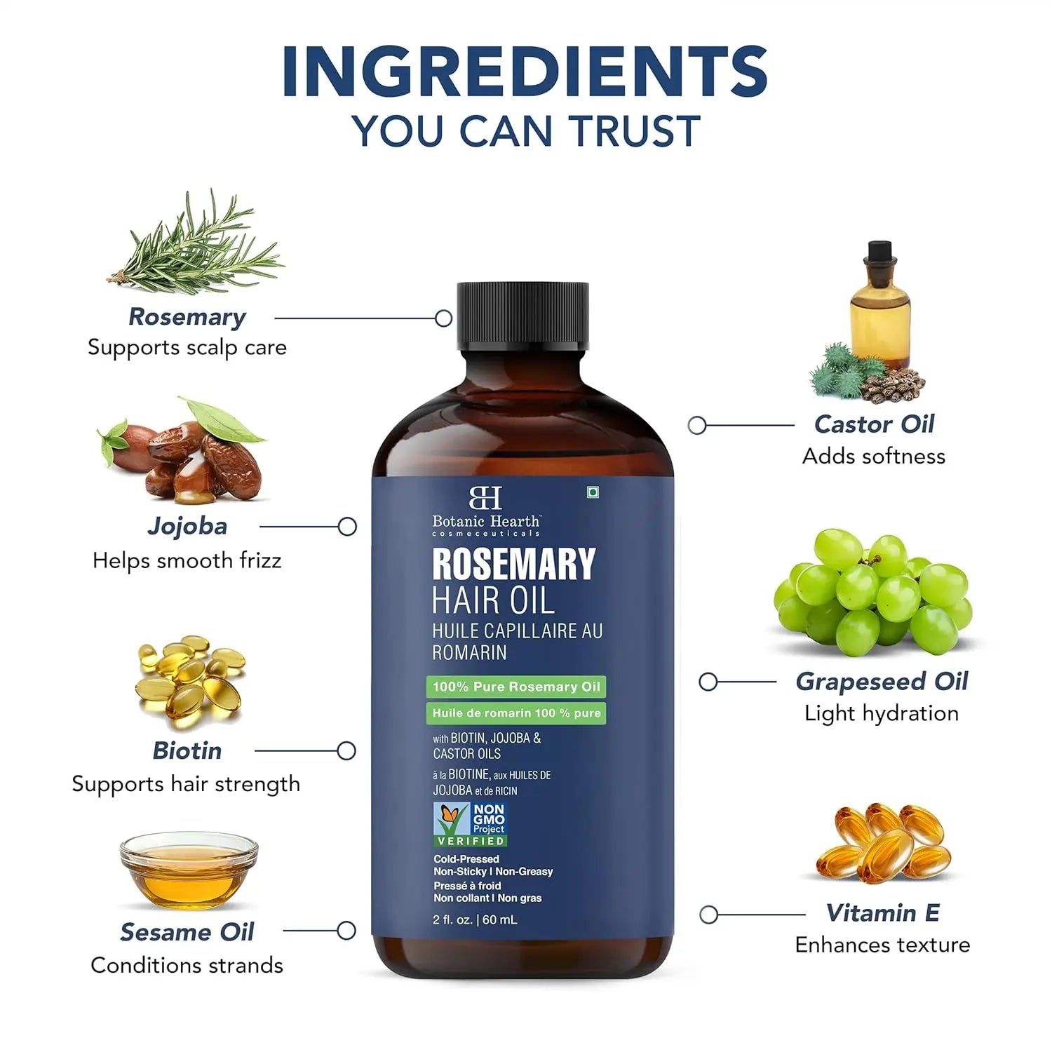 Botanic Hearth 100% Pure Rosemary Oil For Hair Growth | Infused with Biotin, Jojoba & Castor Oil | Hair Oil Repairs Dry Damaged Hair, Strengthening, Healthier - Hair Tonic, 2 fl oz Ifelshop