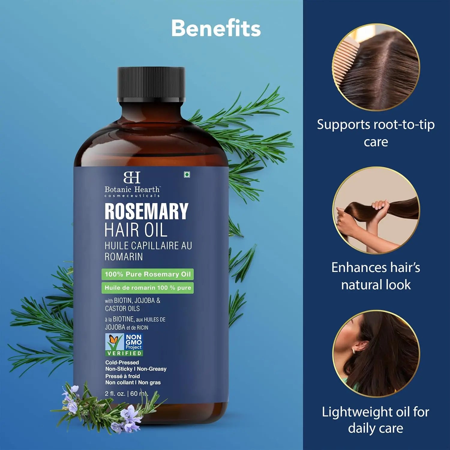 Botanic Hearth 100% Pure Rosemary Oil For Hair Growth | Infused with Biotin, Jojoba & Castor Oil | Hair Oil Repairs Dry Damaged Hair, Strengthening, Healthier - Hair Tonic, 2 fl oz Ifelshop