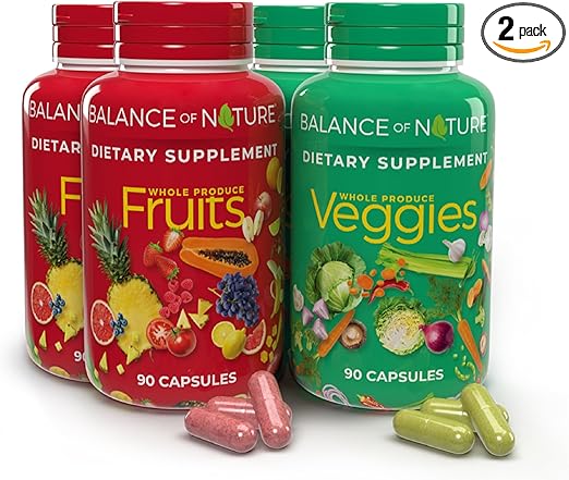 Balance of Nature Fruits & Veggies Supplements - Whole Fruit and Vegetable Ingredients for Women, Men, and Kids - 90 Fruit Capsules, 90 Veggie Capsules - 2 Sets