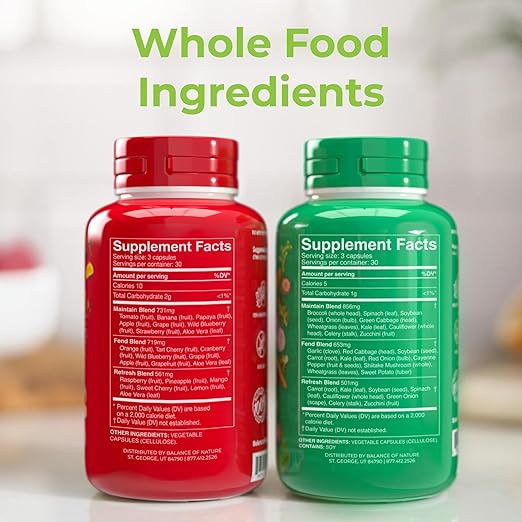 Balance of Nature Fruits & Veggies Supplements - Whole Fruit and Vegetable Ingredients for Women, Men, and Kids - 90 Fruit Capsules, 90 Veggie Capsules - 2 Sets