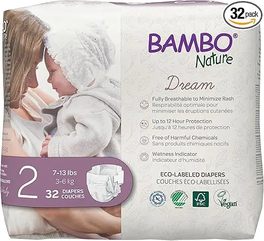Bambo Nature Hypoallergenic Baby Diapers, Eco-Labelled Sustainable Diapers, Enhanced Leakage Protection, Totally Chlorine-free, Skin Friendly, and Super Absorbent - Size 2 (32 Count) Retailxpres