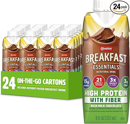 Carnation Breakfast Essentials High Protein with Fiber Ready-to-Drink, 8 FL OZ Carton, Rich Milk Chocolate (Pack of 24)