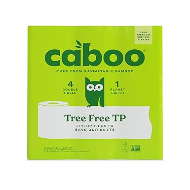 Caboo Tree Free Toilet Paper, Septic Safe Bath Tissue, Quick Dissolving 2 Ply Sheets - 300 Sheets Per Roll, 4 Double Rolls