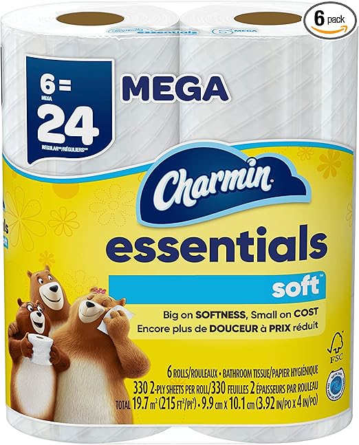 Charmin Essentials Soft Toilet Paper 6 Mega Rolls, 330 sheets per roll