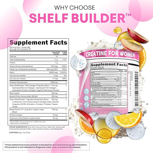 Creatine for Women | Creatine Monohydrate + BCAA Powder Myo-Inositol Collagen Biotin Hyaluronic Acid Folate L Glutamine Vitamin D3 Iron Zinc D-Chiro-Maca Digestion Shelf Builder by Clean Nutra