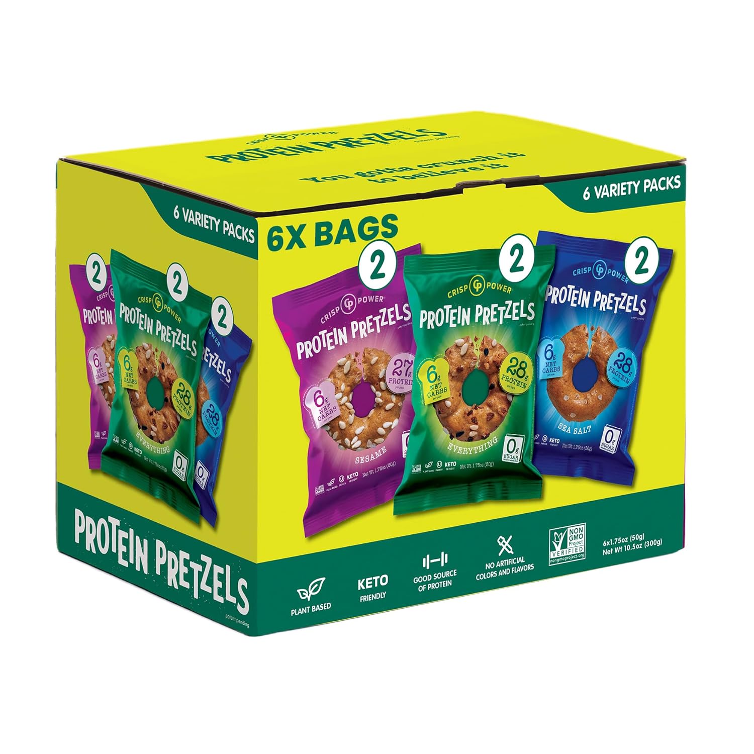 Crisp Power Protein Pretzels, Variety Pack With Sea Salt, Sesame, & Everything, Vegan Keto Snack, Plant Based Protein, Low Carb Crunchy Pretzel Snacks, Sugar Free, No Seed Oils, 1.75 Oz Bags, 6 Pack Retailxpres
