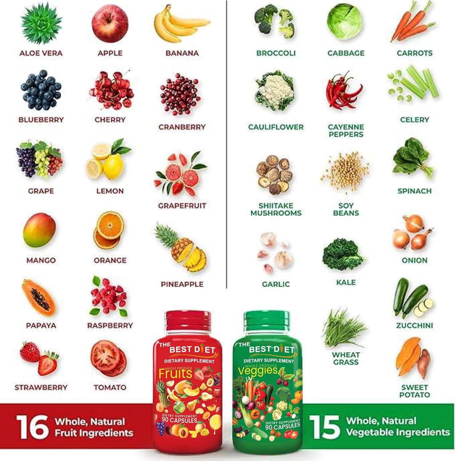 Fruits and Veggies Whole Food Supplement with Superfood Fruits and Vegetables for Women, Men, and Kids - 90 Fruit Capsules, 90 Veggie Capsules - 1 Set