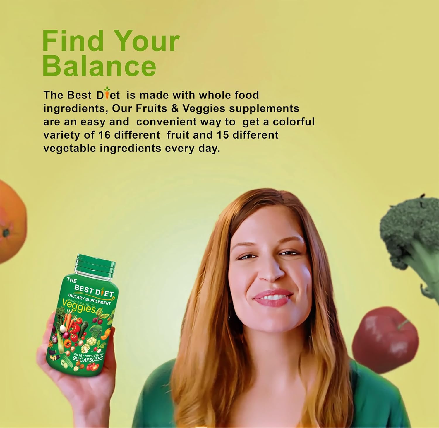 Fruits and Veggies Whole Food Supplement with Superfood Fruits and Vegetables for Women, Men, and Kids - 90 Fruit Capsules, 90 Veggie Capsules - 1 Set