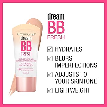 Maybelline Dream Fresh Skin Hydrating BB cream, 8-in-1 Skin Perfecting Beauty Balm with Broad Spectrum SPF 30, Sheer Tint Coverage, Oil-Free, Light/Medium, 1 Fl Oz