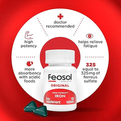 Feosol Original Iron Supplement Tablets, Non-heme, 325mg Ferrous Sulfate (65mg Elemental Iron) per Iron Pill, 1 Per Day, 120ct, 4 Month Supply, for Energy and Immune System Support, Made in USA