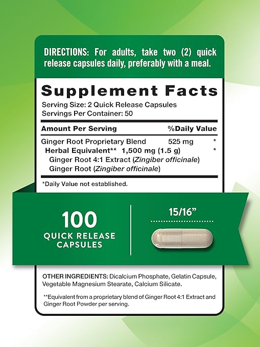 Nature's Truth Ginger Root Capsules | 1,500mg | 100 Count | from Ginger Root Extract | Non-GMO and Gluten Free Supplement