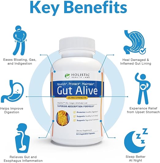 Gut Alive - All Natural Support to Fight IBS, Heartburn, Acid Indigestion, Acid Reflux, Bloating & Gas. Unique Formulation (60 Count (Pack of 1))