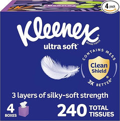 Kleenex Ultra Soft Facial Tissues, 4 Cube Boxes, 60 Tissues per Box, 3-Ply (240 Total), Packaging May Vary